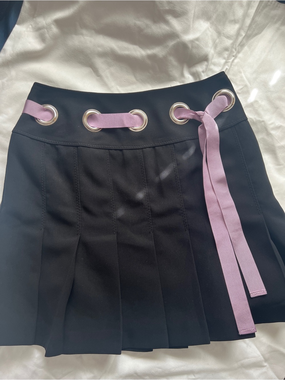 INC International Concepts Black Pleated Mini Skirt with Lavender Ribbon Accent